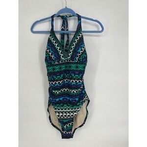 Merona One Piece Swimsuit Halter Geometric Print Swimwear L